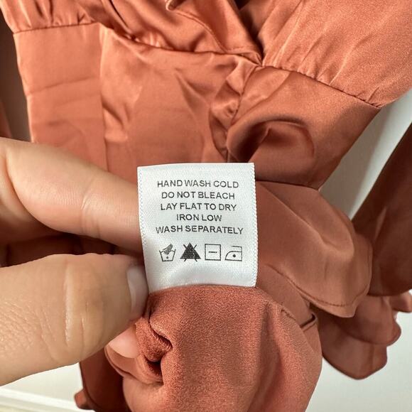 Majorelle X Revolve Dress Nelly Ruffle Surplice Shirred Mini Terracotta Brown S - Picture 9 of 10